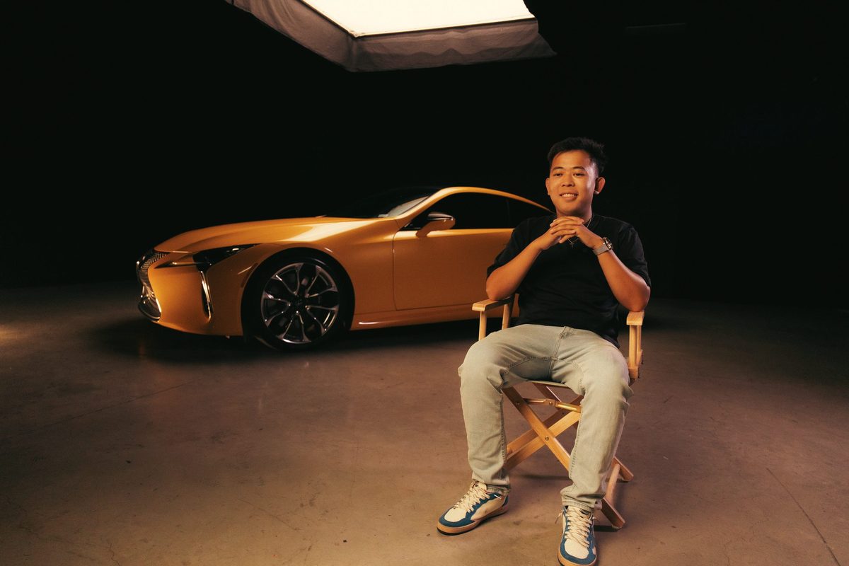 Filming the Lexus LC 500 interview under a large softbox in the studio